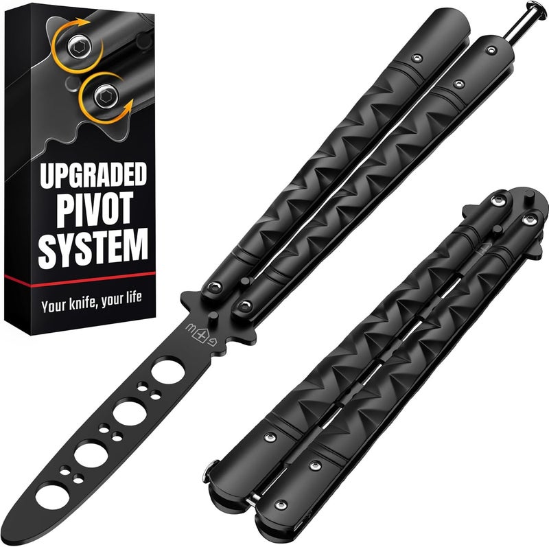 GOOD WORKER Butterfly Knife - Balisong Trainer - Black Practice Butterfly Trainer with Sure Spring Latch - Balisong Knives NOT Real NOT Sharp Blade - Full Stainless Steel Fake Dull Trick - Image 1